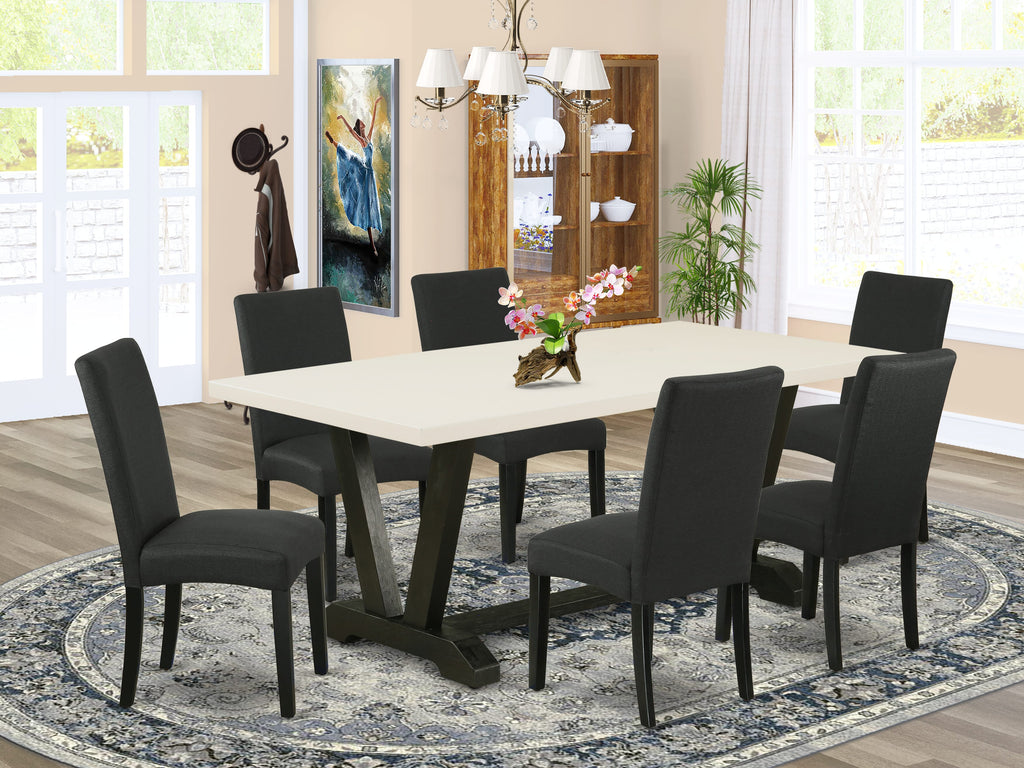 V627DOZPP-P 7-Piece Dining Ensemble with Wood Table & Black Linen Chairs Vibrant Home Décor