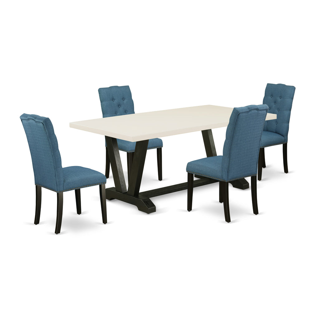 V627E8RZQ-U Modern 5-Piece Dining Set Rectangular Table with Stylish V-Legs and 4 Blue Upholstered Chairs