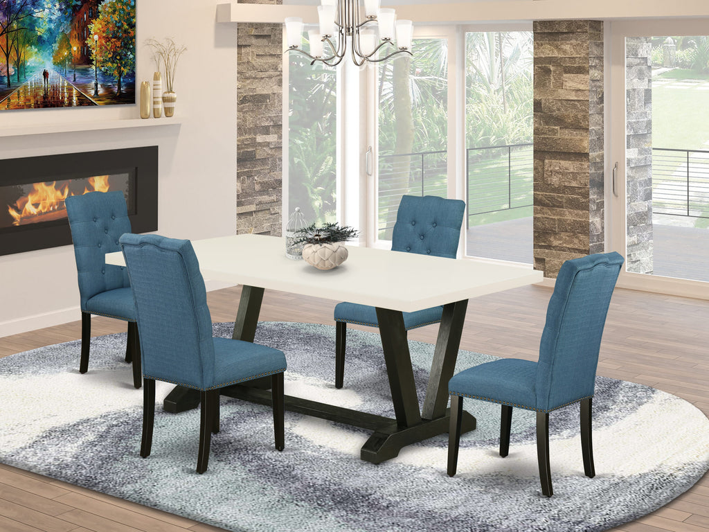 V627E8RZQ-U Modern 5-Piece Dining Set Rectangular Table with Stylish V-Legs and 4 Blue Upholstered Chairs