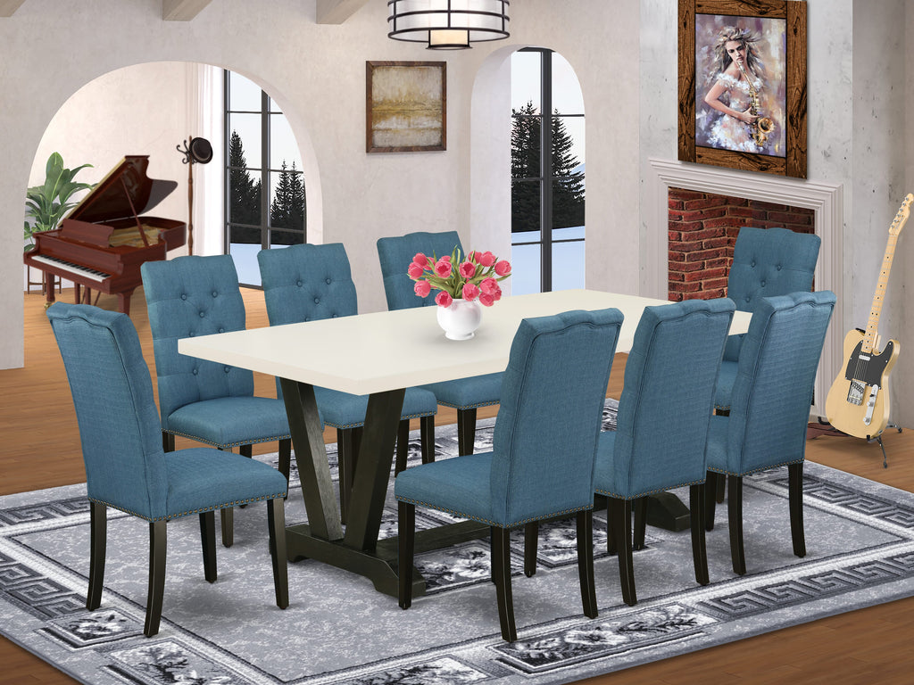 V627EEH2D-1 Dining Ensemble 9-Piece Set with V-Leg Table, 8 Blue Parson Seats, Multi-Color Elegance