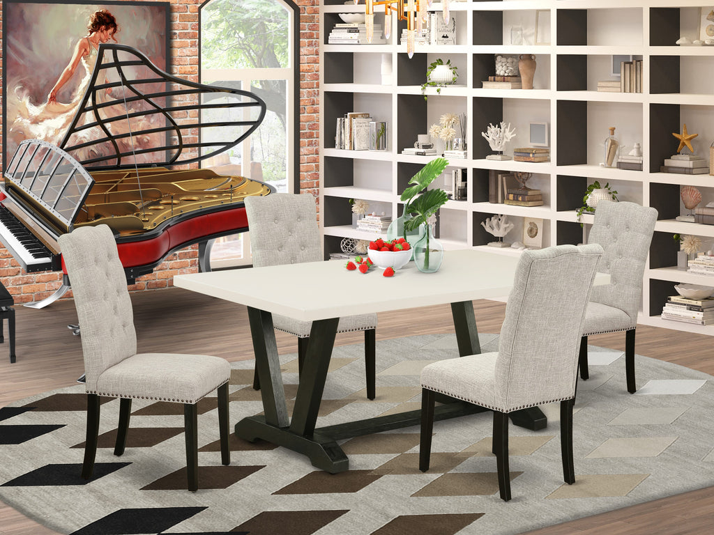 V627EAIKM-9 5-Piece Kitchen Dining Ensemble in Multi-Color with V-Leg Table and 4 Fabric Chairs