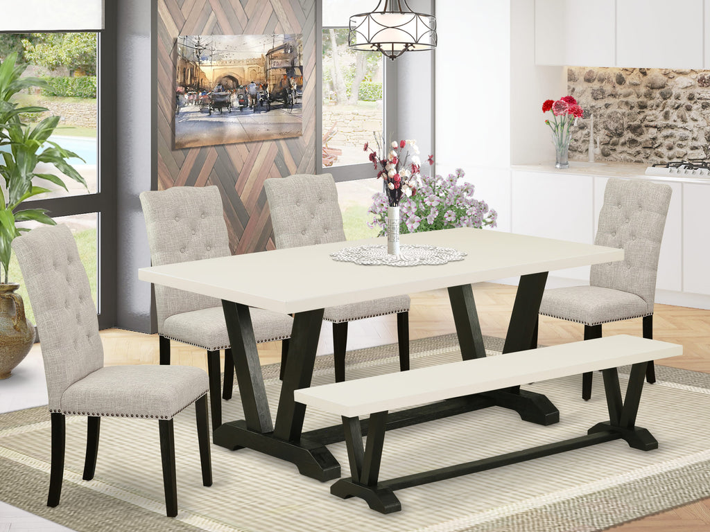 V627E6N3G-G Deluxe 6 Piece Dining Set with Elegant Rectangle Table and V-Leg Design, Plus 4 Doeskin Linen Fabric Chairs and Bench, 40x72 Inch, Multicolor