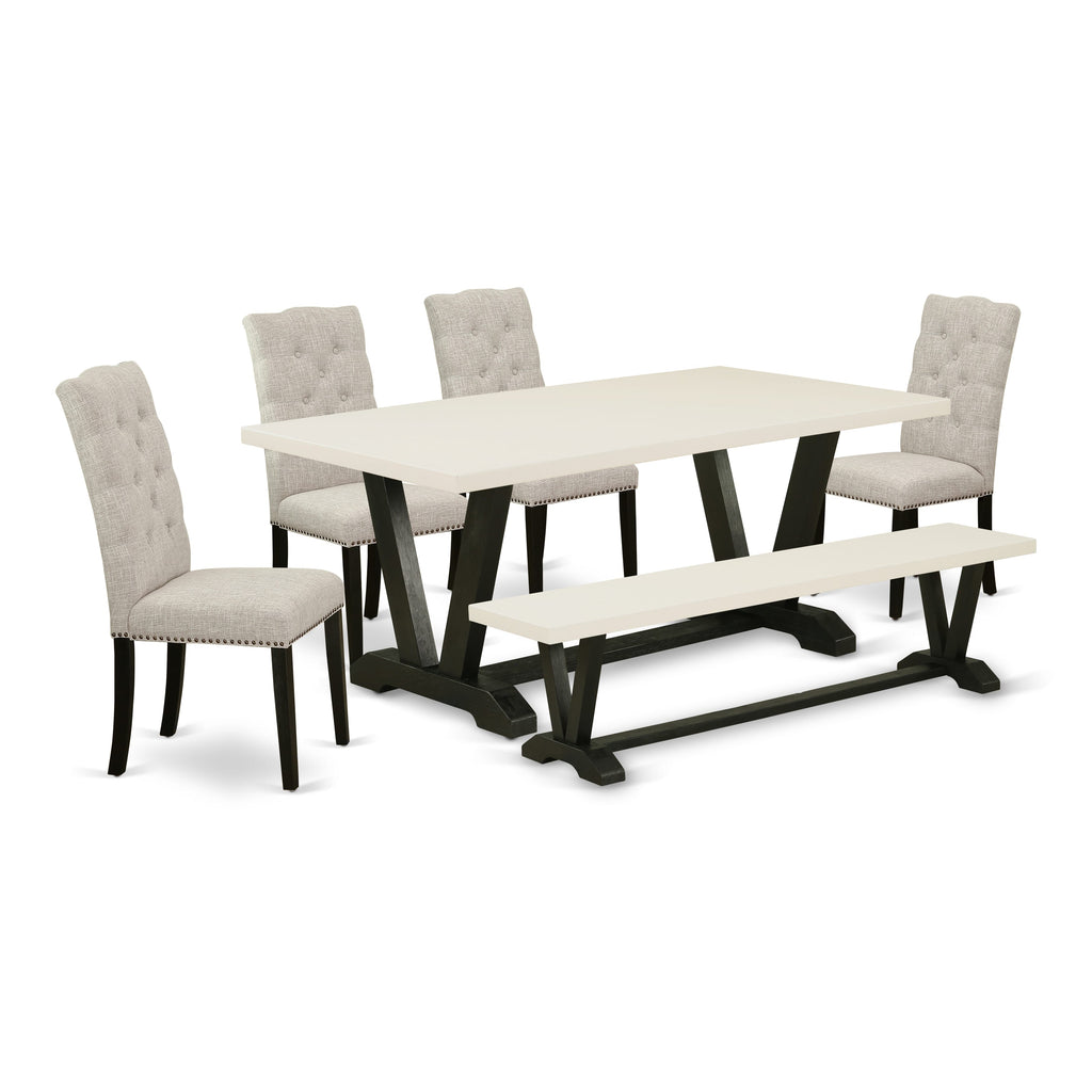 V627E6N3G-G Deluxe 6 Piece Dining Set with Elegant Rectangle Table and V-Leg Design, Plus 4 Doeskin Linen Fabric Chairs and Bench, 40x72 Inch, Multicolor