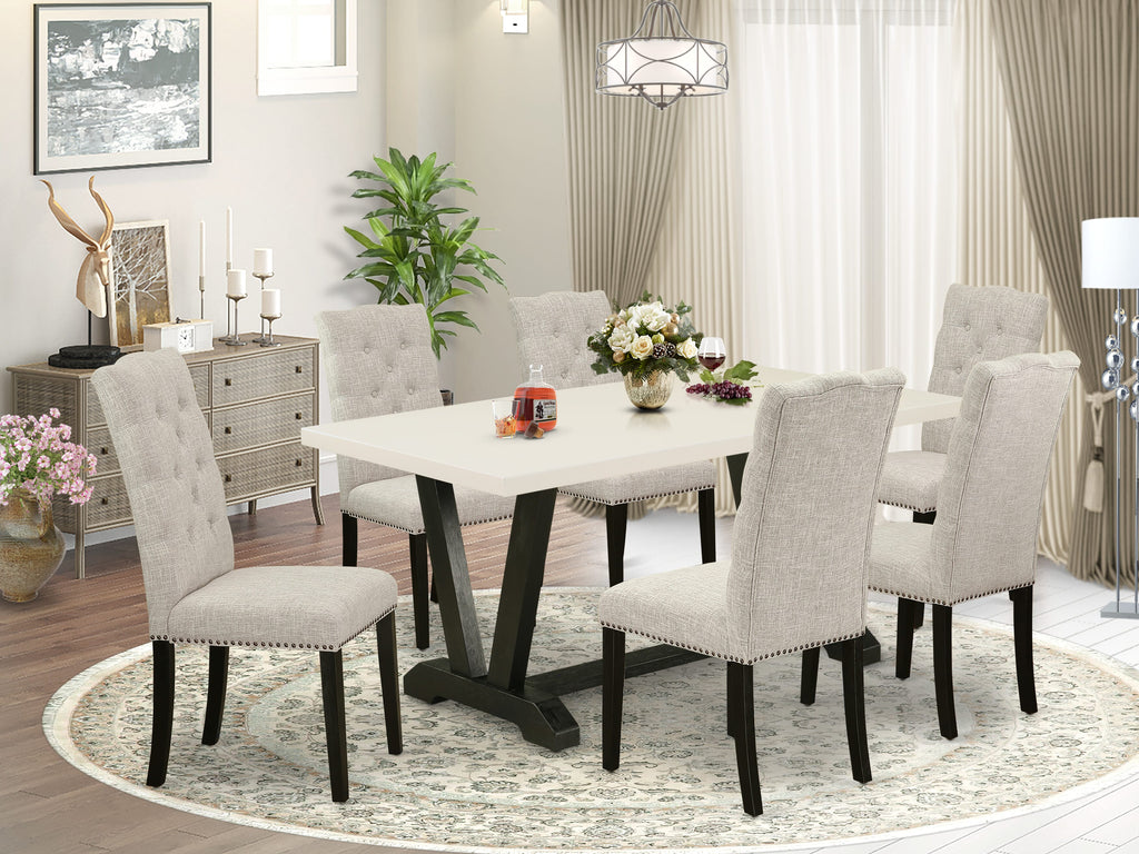 V627EJYWN-L 7 Piece Dining Ensemble with Rectangular V-Leg Table and Six Linen Parson Chairs, Multi 40x72
