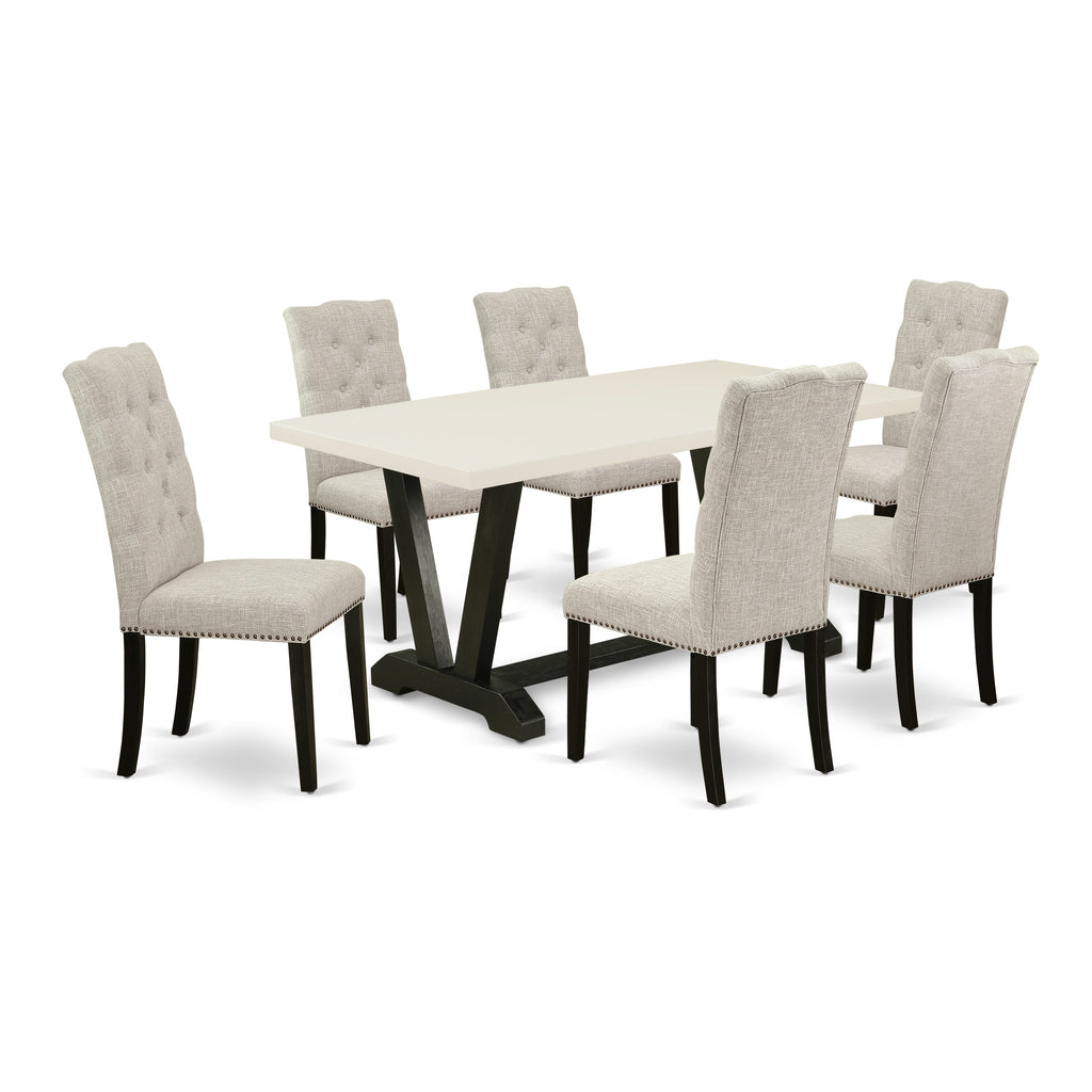 V627EJYWN-L 7 Piece Dining Ensemble with Rectangular V-Leg Table and Six Linen Parson Chairs, Multi 40x72