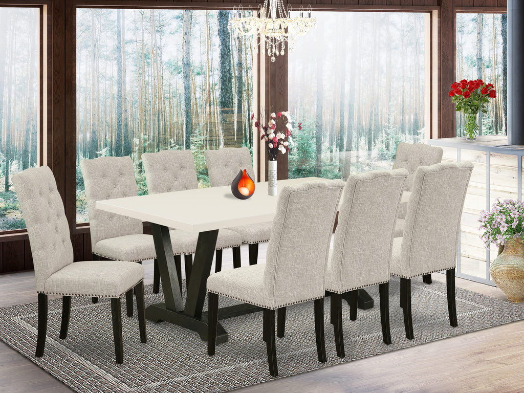 V627EM1FY-Elevate Your Dining Experience with this 9-Piece Table Set with V-Leg Table & 8 Fabric Chairs