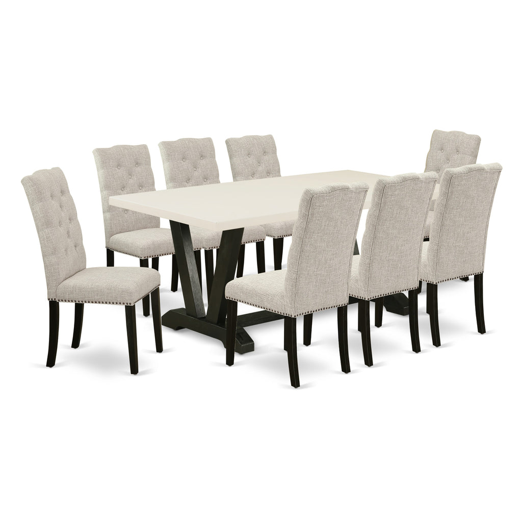 V627EM1FY-Elevate Your Dining Experience with this 9-Piece Table Set with V-Leg Table & 8 Fabric Chairs