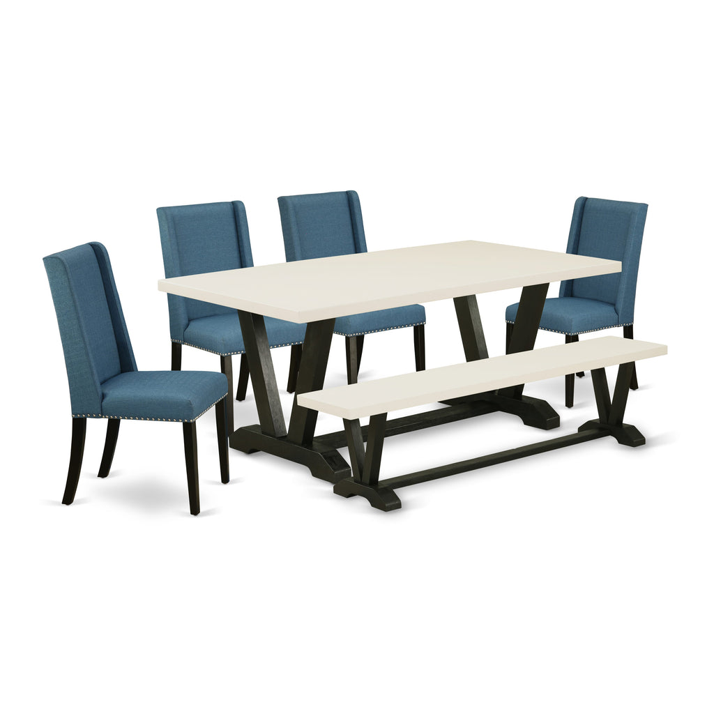 V627FOS5J-5 Complete Dining Ensemble Rectangular Wood Table, 4 Blue Upholstered Seats & Bench, 6 Pieces