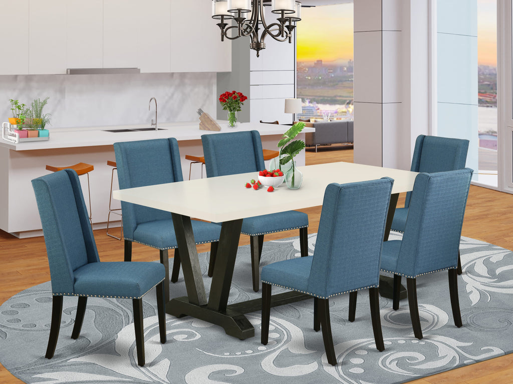 V627FB0OO-V - Elegant 7-Piece Dining Ensemble with Rectangular Table & Blue Parsons Seats, Multi-Color
