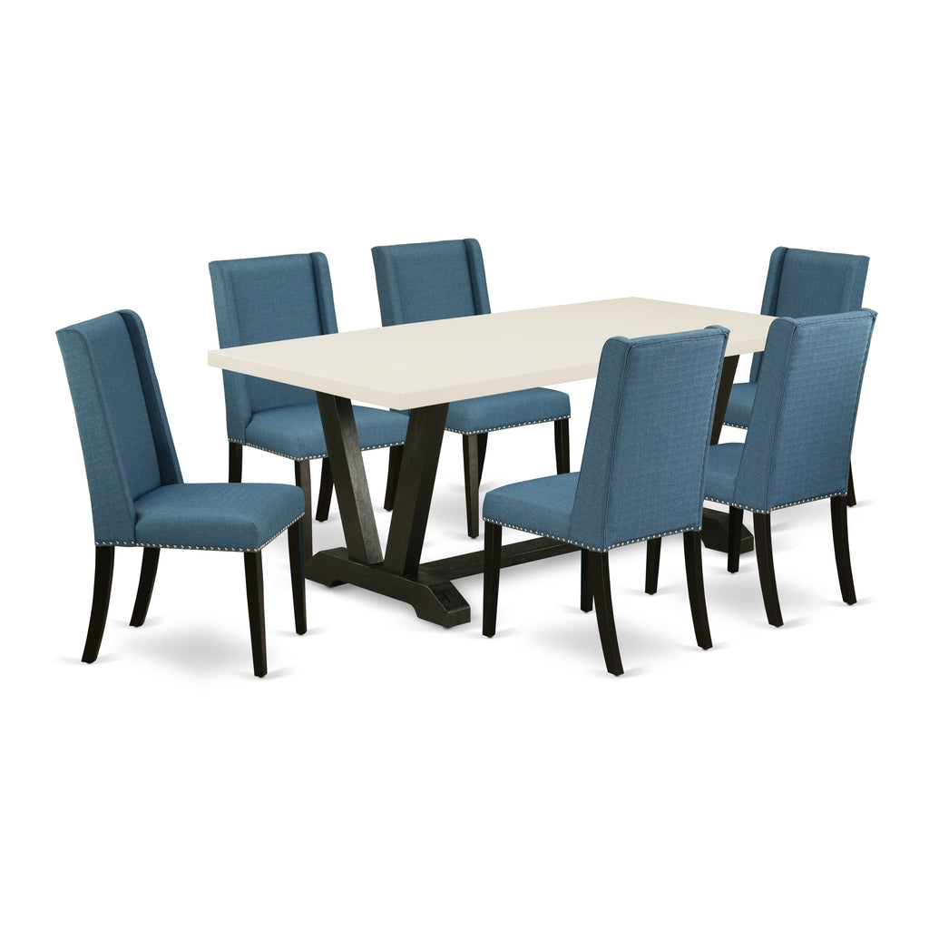 V627FB0OO-V - Elegant 7-Piece Dining Ensemble with Rectangular Table & Blue Parsons Seats, Multi-Color