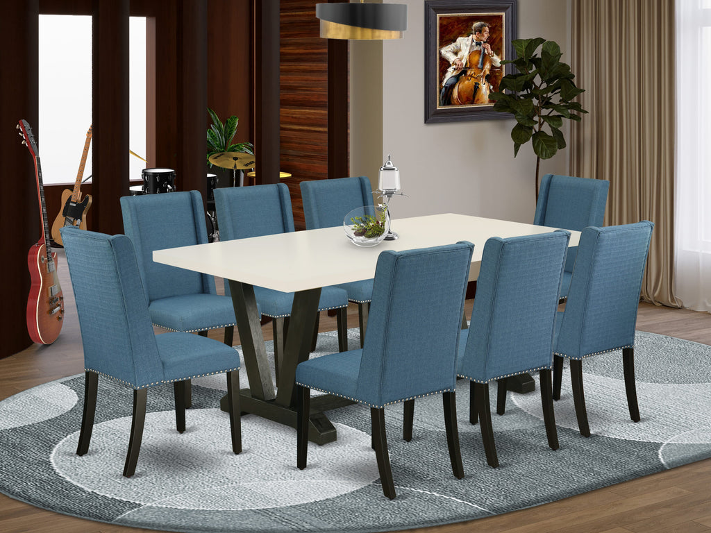 V627FXEGL-V 9-Piece Set V-Leg Dining Table and 8 Blue Linen Parsons Chairs, 40x72 Inch, Multi-Color Delight
