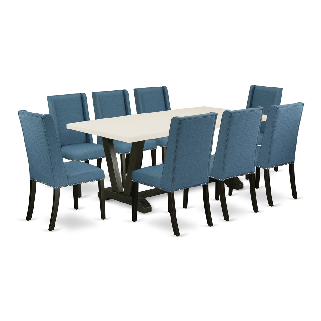 V627FXEGL-V 9-Piece Set V-Leg Dining Table and 8 Blue Linen Parsons Chairs, 40x72 Inch, Multi-Color Delight