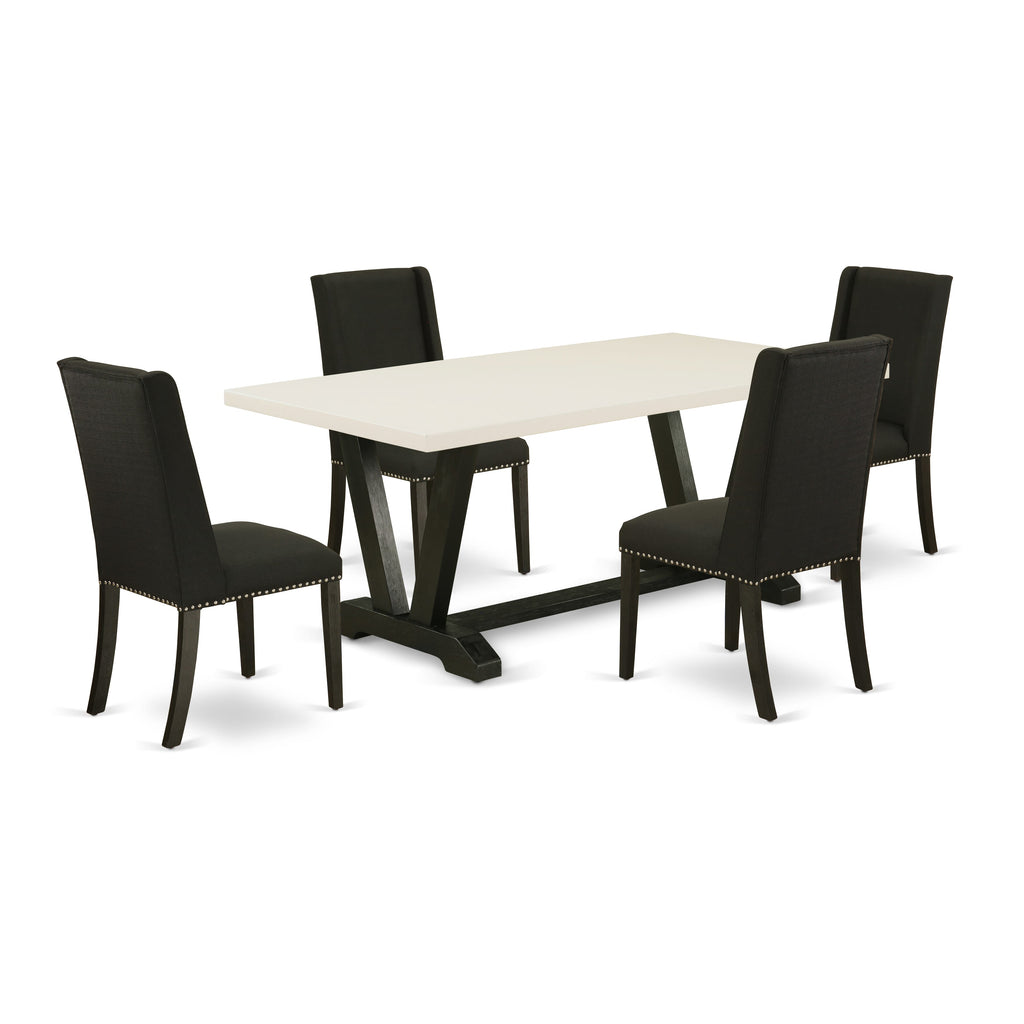 V627FW2FG-T 40x72 Dining Set Rectangle Table with V-Legs & Four Black Upholstered Chairs, Multi-Color Elegance