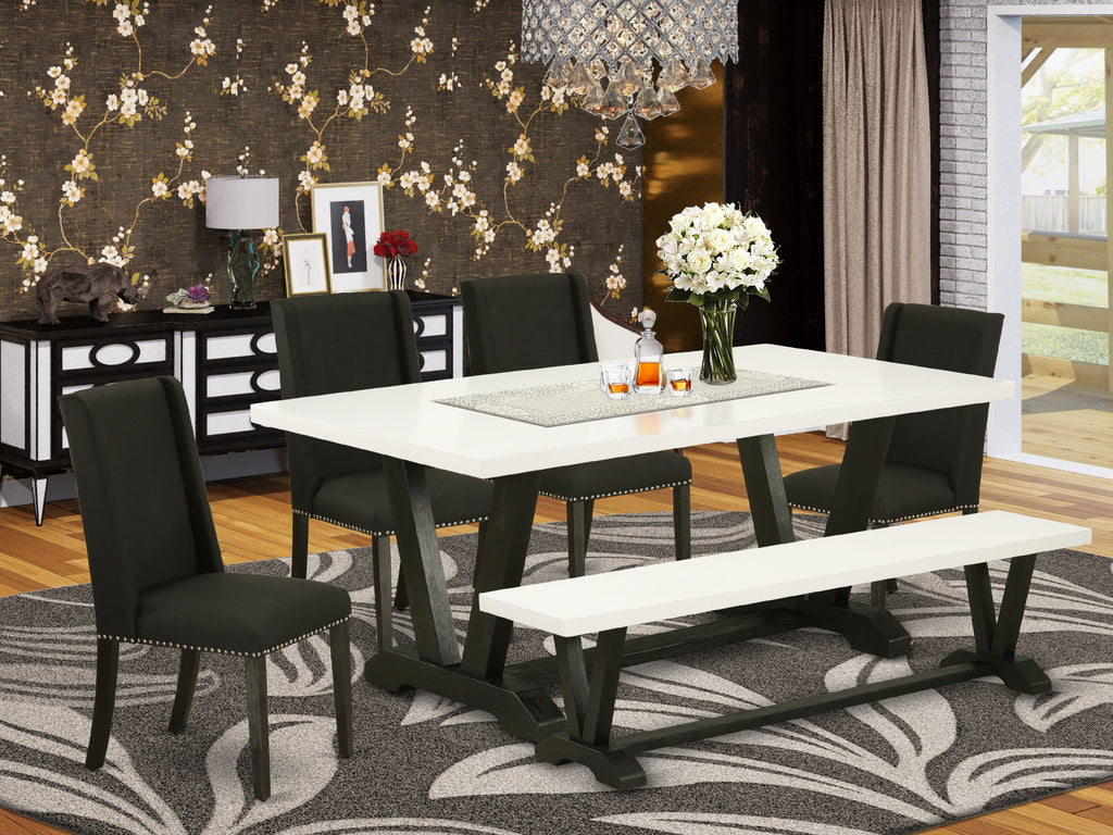 V627F5K2V-C 6-Piece Set with Rectangular Table & V-Legs 4 Parson Chairs & Bench, 40x72 in, Multi-Color