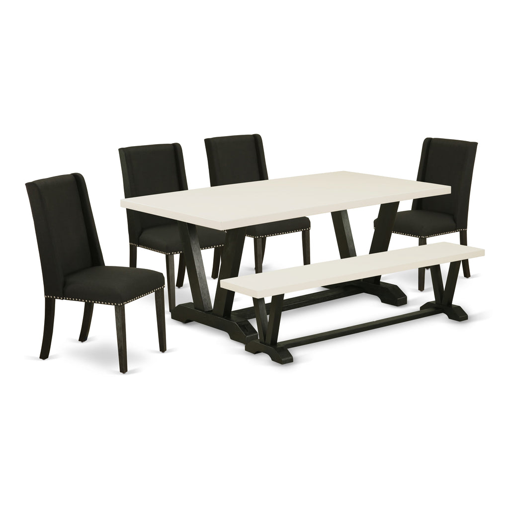 V627F5K2V-C 6-Piece Set with Rectangular Table & V-Legs 4 Parson Chairs & Bench, 40x72 in, Multi-Color