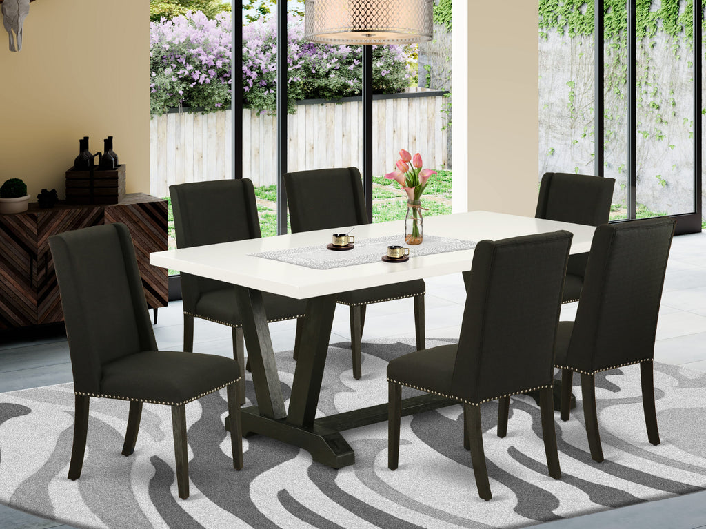 V627FPDCU-L 7-Piece Dining Set with V-Leg Rectangle Table & 6 Fabric Chairs, Multi-Hue