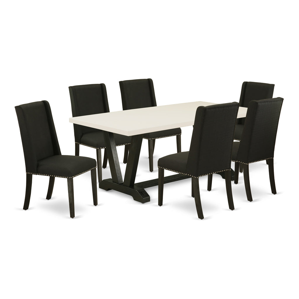 V627FPDCU-L 7-Piece Dining Set with V-Leg Rectangle Table & 6 Fabric Chairs, Multi-Hue