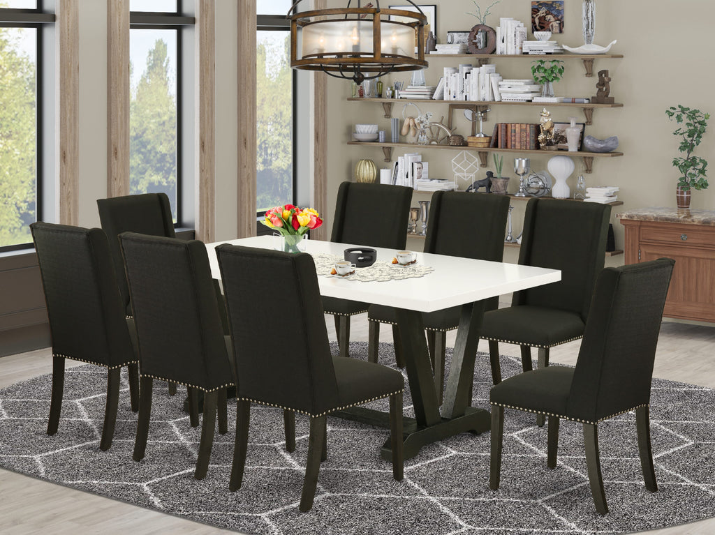 V627FDI4X-B Stylish 9-Piece Dining Package with V-Legged Table & 8 Parson Chairs in Multi-Color & Black Upholstery