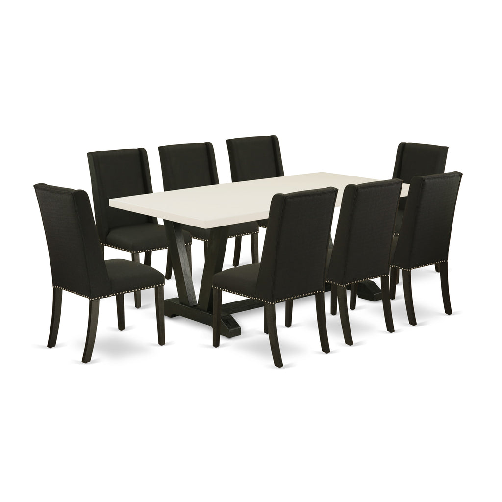 V627FDI4X-B Stylish 9-Piece Dining Package with V-Legged Table & 8 Parson Chairs in Multi-Color & Black Upholstery