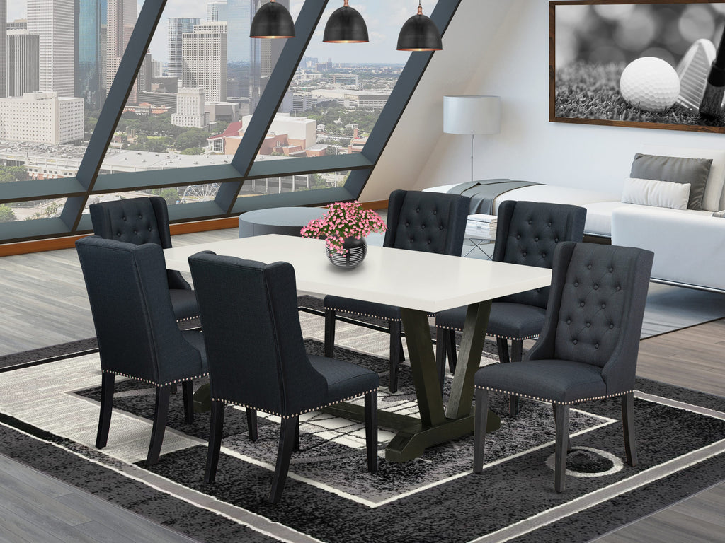 V627F0EK7-6 Elegant 7 Piece Dining Set with Rectangle Table and V-Legs, Includes 6 Black Linen Parson Chairs