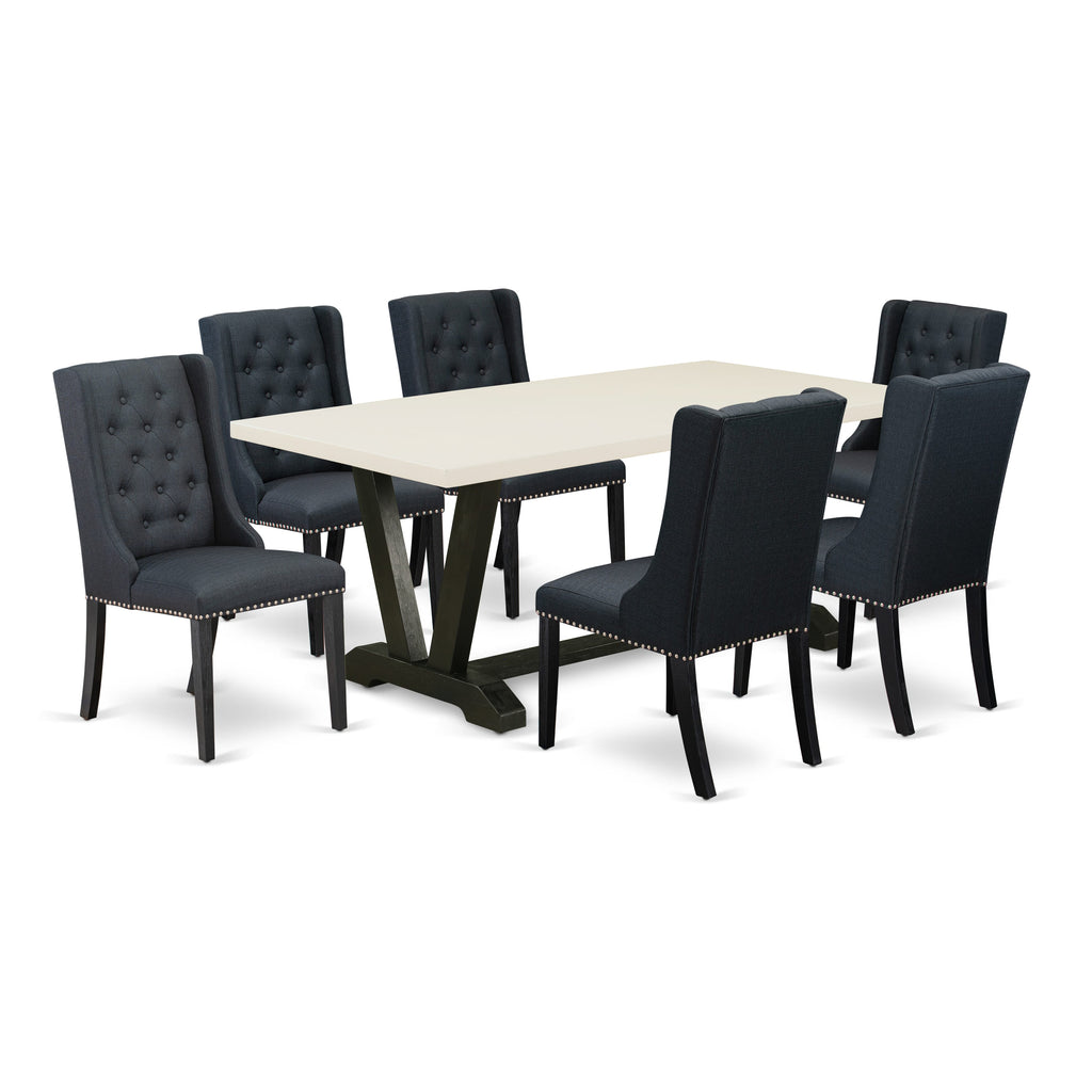 V627F0EK7-6 Elegant 7 Piece Dining Set with Rectangle Table and V-Legs, Includes 6 Black Linen Parson Chairs