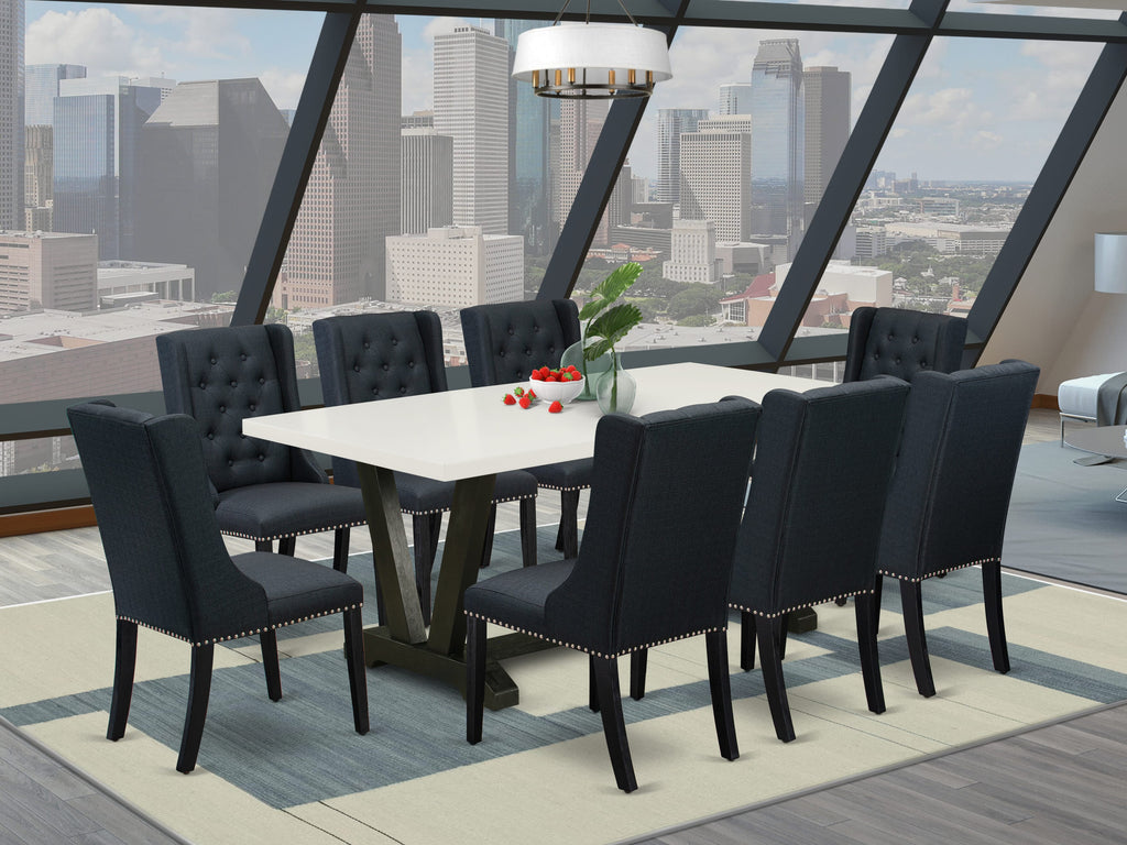 V627F0923-L - Chic 9-Piece Dining Ensemble with Rectangular Table & Black Parson Chairs