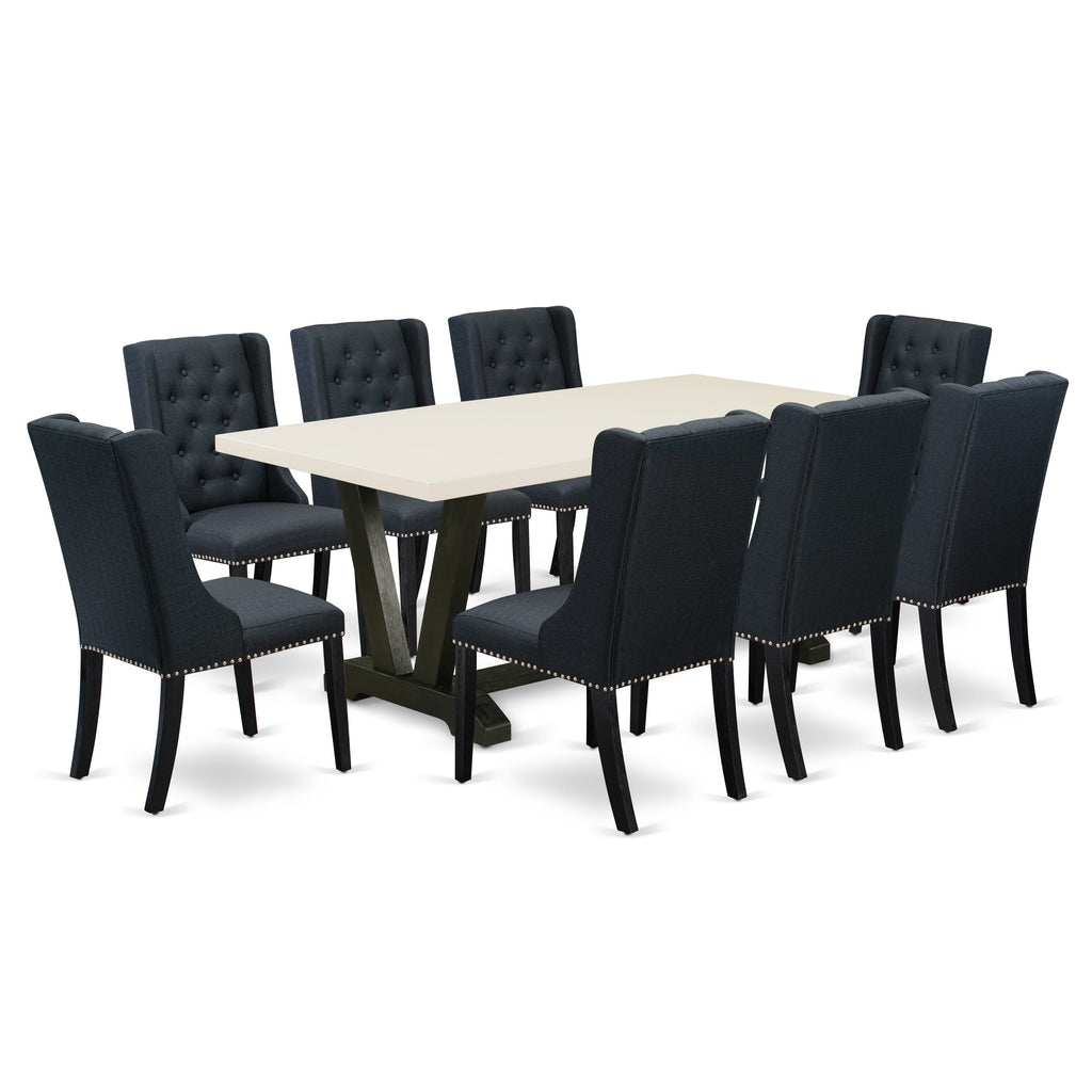 V627F0923-L - Chic 9-Piece Dining Ensemble with Rectangular Table & Black Parson Chairs