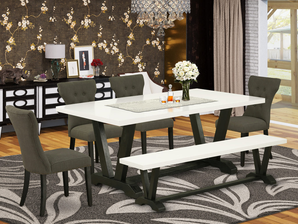 V627GZWP8-O Elegant 6-Piece Dining Set with V-Leg Table, Dark Gotham Chairs & Bench, 40x72 Multi-Color Ensemble