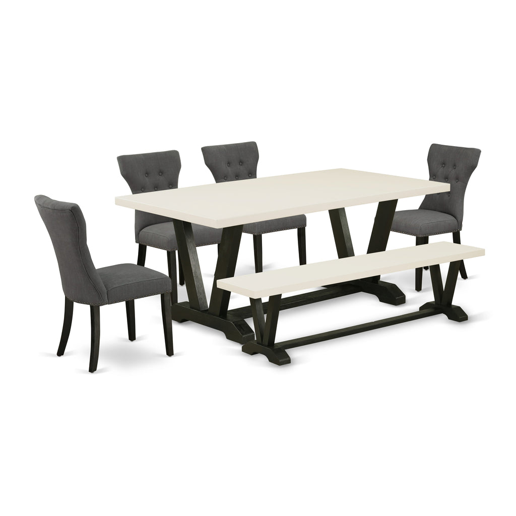 V627GZWP8-O Elegant 6-Piece Dining Set with V-Leg Table, Dark Gotham Chairs & Bench, 40x72 Multi-Color Ensemble