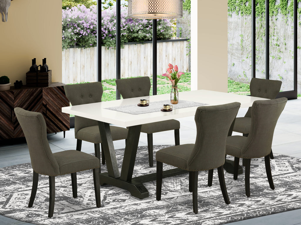 V627GNJDU-S 7pc Rectangular Dining Ensemble with V-Leg Table & 6 Gotham Linen Parsons, Multi-Color