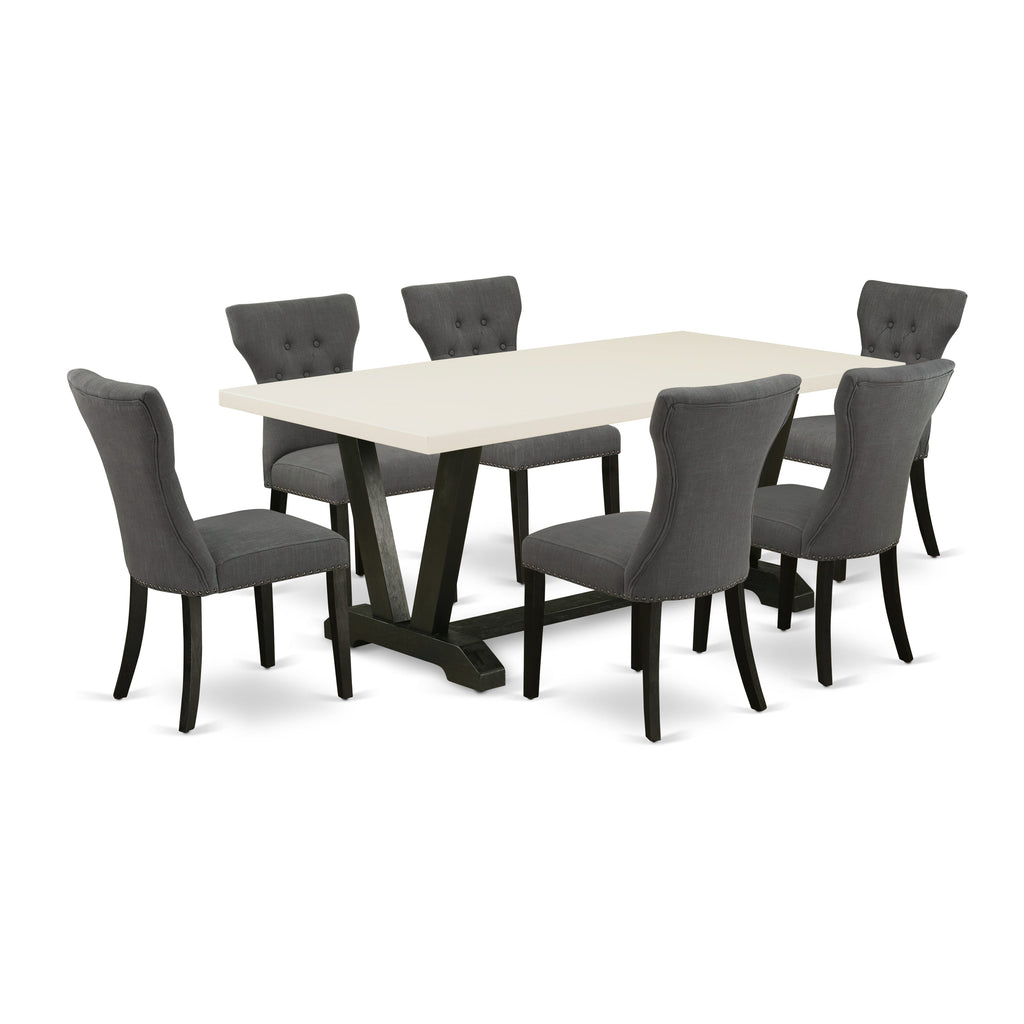 V627GNJDU-S 7pc Rectangular Dining Ensemble with V-Leg Table & 6 Gotham Linen Parsons, Multi-Color