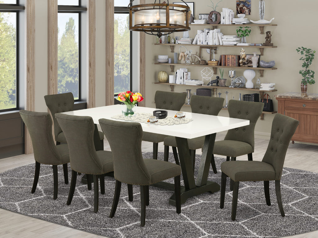 V627GS10K-9 Deluxe 9-Piece Dining Set Rectangular Table with V-Legs & 8 Parsons Chairs in Gotham Linen