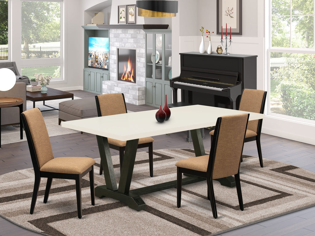 V627L41M0-K 5 Piece Dining Set with V-Leg Table & 4 Linen Parsons Chairs, Rectangular Multi-Color Design, 40x72