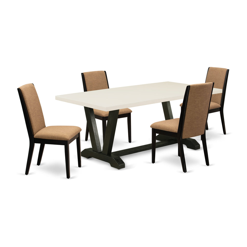 V627L41M0-K 5 Piece Dining Set with V-Leg Table & 4 Linen Parsons Chairs, Rectangular Multi-Color Design, 40x72