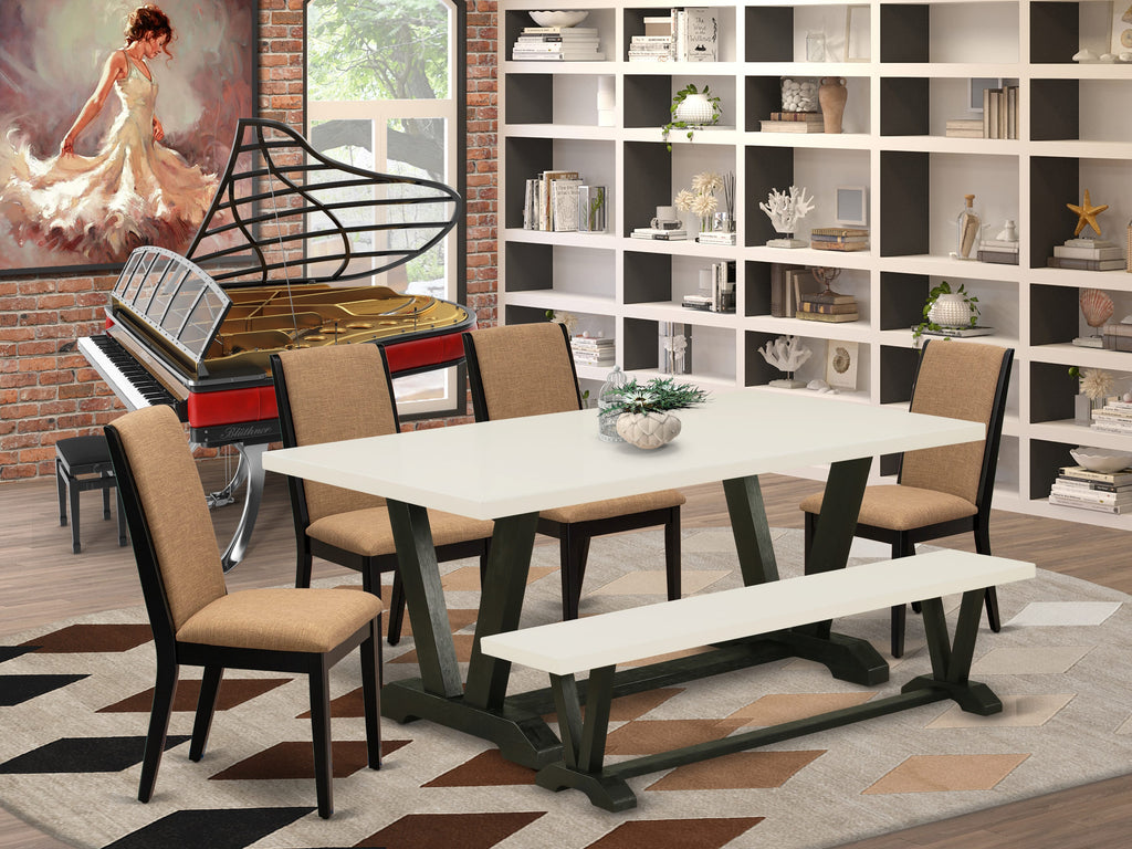 V627L6ORI-I 6-Piece Contemporary Dining Set with Rectangular Wood Table & Sable Linen Benched Chairs, 40x72