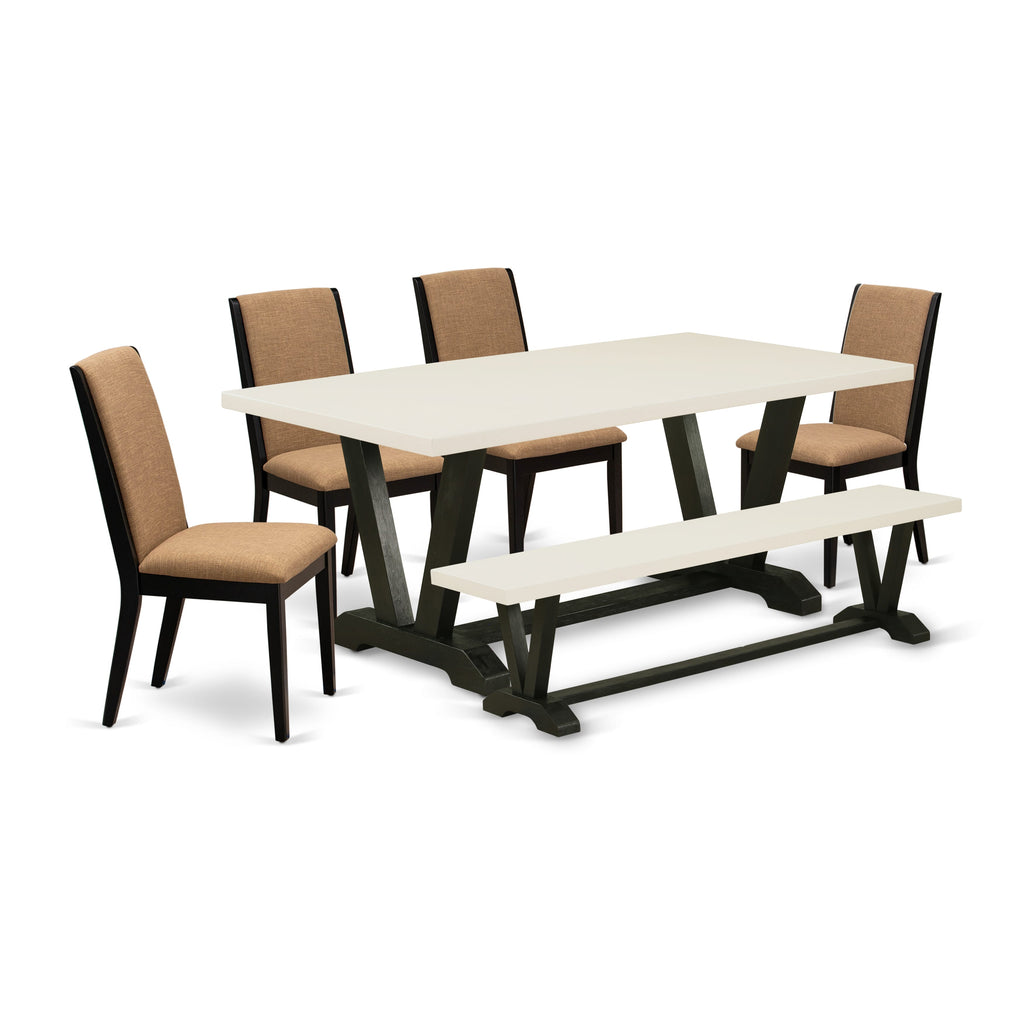 V627L6ORI-I 6-Piece Contemporary Dining Set with Rectangular Wood Table & Sable Linen Benched Chairs, 40x72