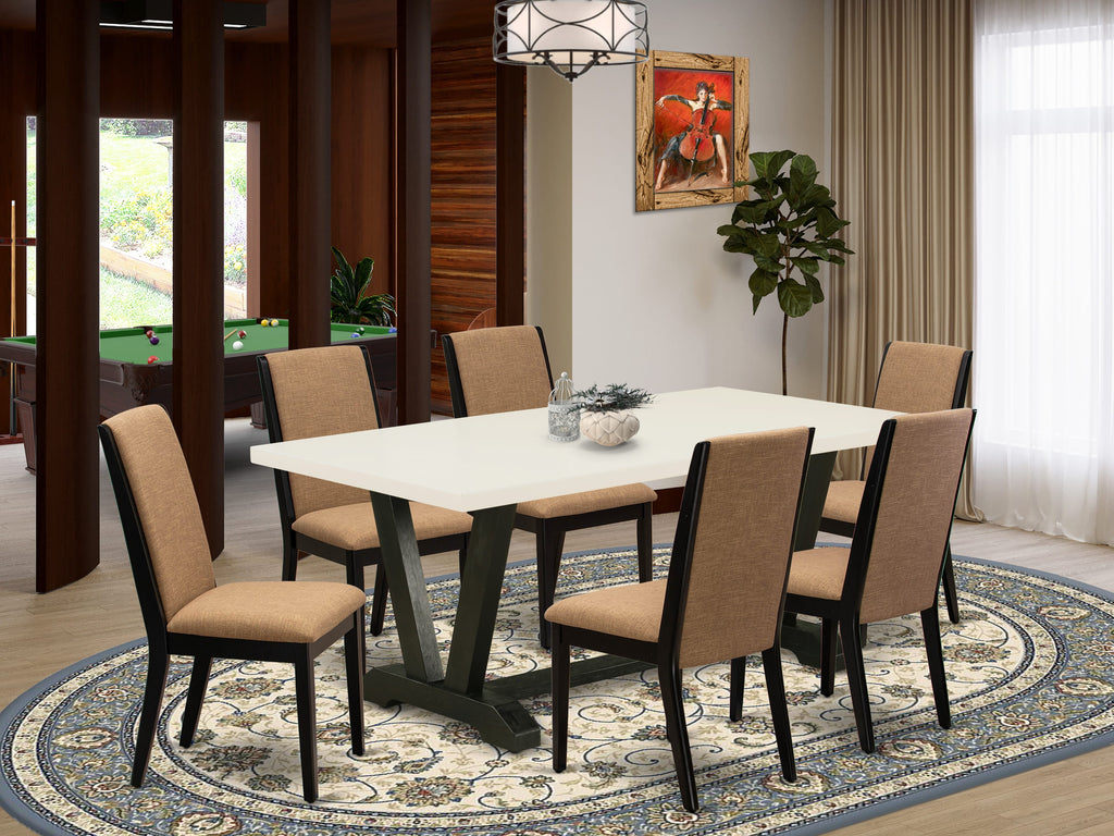 V627LOJHV-8 7-Piece Dining Ensemble Including Rectangular Table with V-Shaped Supports and 6 Upholstered Chairs in Light Sable Fabric, Multi-Toned
