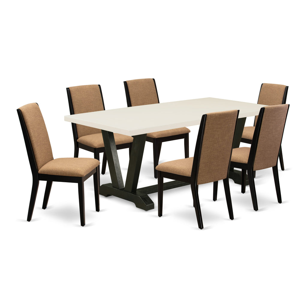 V627LOJHV-8 7-Piece Dining Ensemble Including Rectangular Table with V-Shaped Supports and 6 Upholstered Chairs in Light Sable Fabric, Multi-Toned