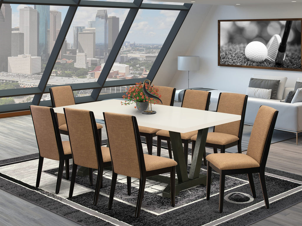 9 Piece Dining Set with V-Legs and 8 Light Sable Linen Chairs, Multi-Colored ( V627LYKP0-R)