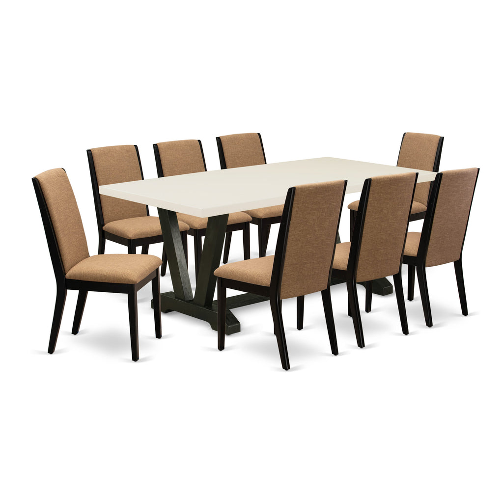 9 Piece Dining Set with V-Legs and 8 Light Sable Linen Chairs, Multi-Colored ( V627LYKP0-R)