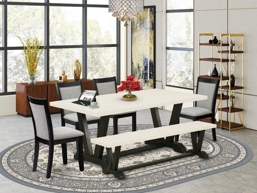 V627MQLI6-M 6-Piece Dining Ensemble Featuring Rectangle Table with V-Legs, Linen Chairs & Bench, Multi-Color Style