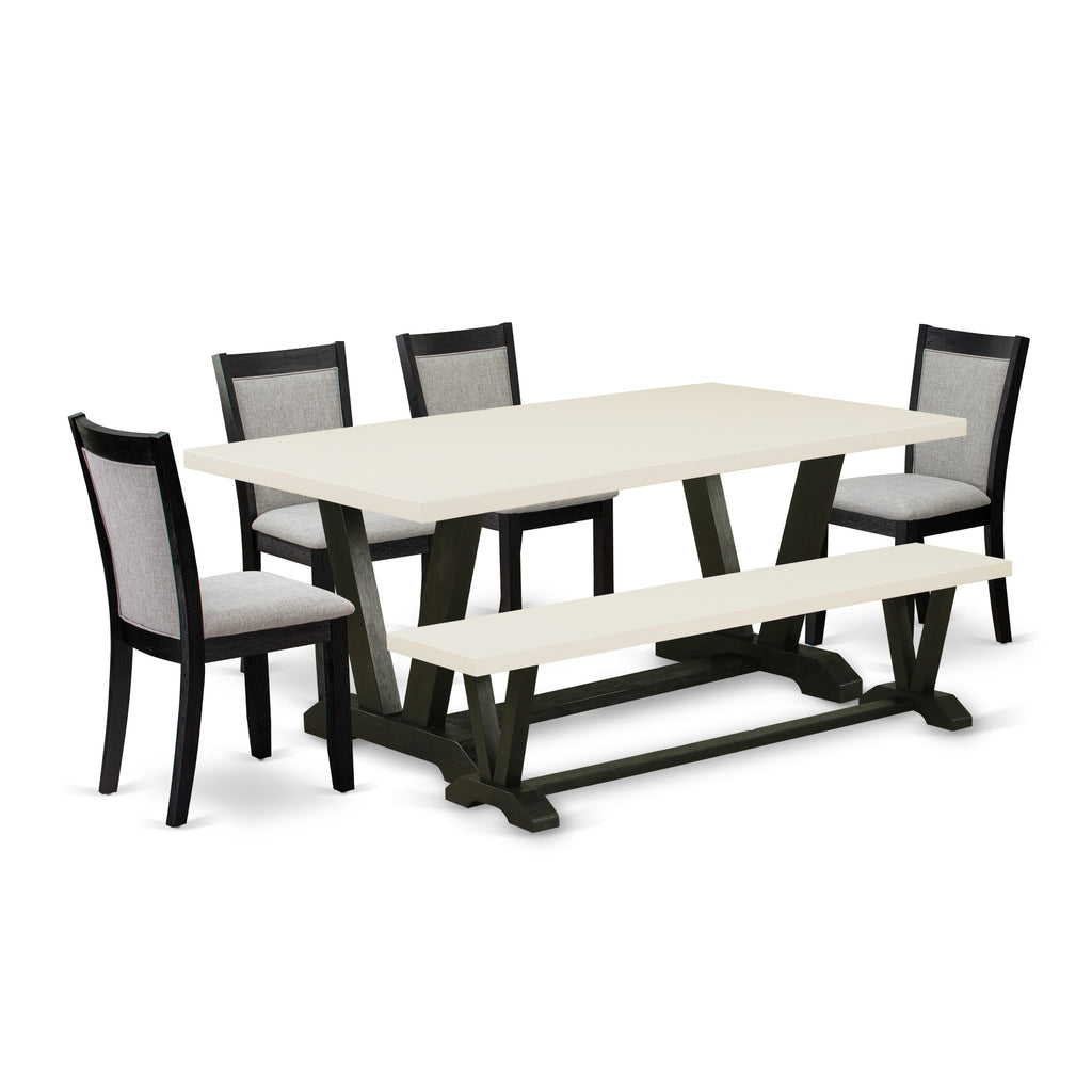 V627MQLI6-M 6-Piece Dining Ensemble Featuring Rectangle Table with V-Legs, Linen Chairs & Bench, Multi-Color Style