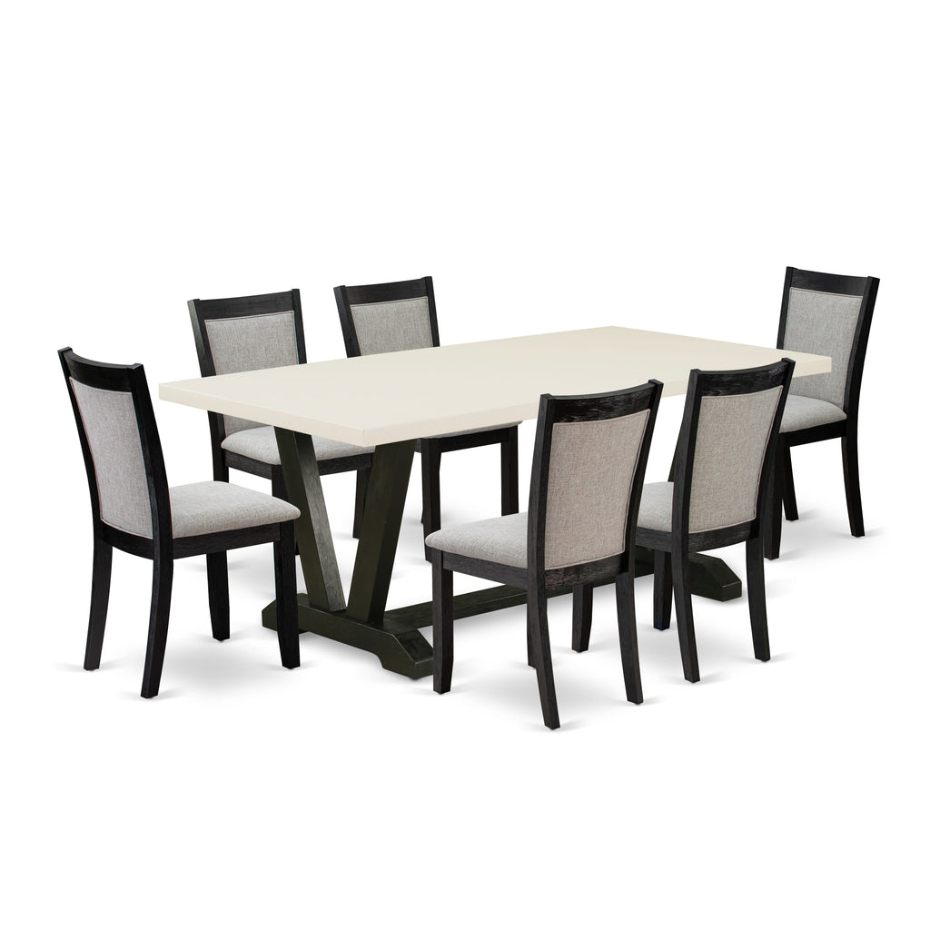 V627M0PO0-P 7-Piece Contemporary Dining Ensemble Featuring Rectangular V-Legged Table and Six Shitake Chairs