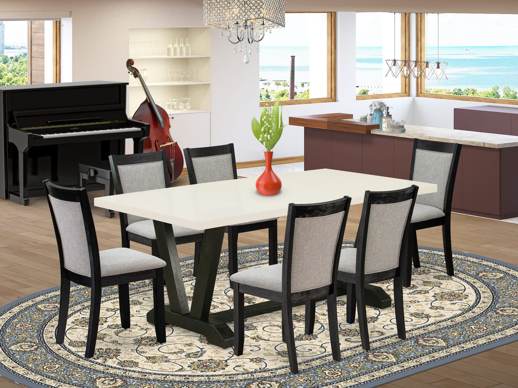V627M0PO0-P 7-Piece Contemporary Dining Ensemble Featuring Rectangular V-Legged Table and Six Shitake Chairs