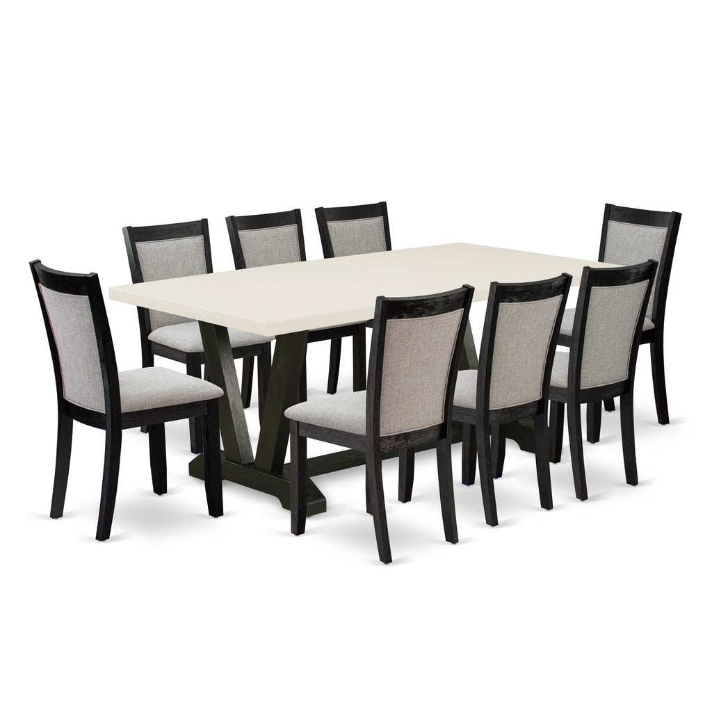 V627MVR6B-A Versatile Dining Ensemble 9-Piece Set with V-Leg Table & Shitake Parson Chairs, Multi-Hue