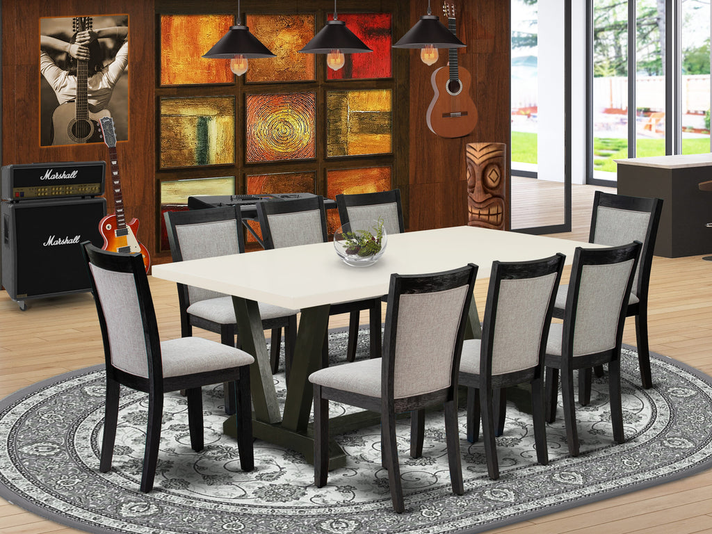 V627MVR6B-A Versatile Dining Ensemble 9-Piece Set with V-Leg Table & Shitake Parson Chairs, Multi-Hue