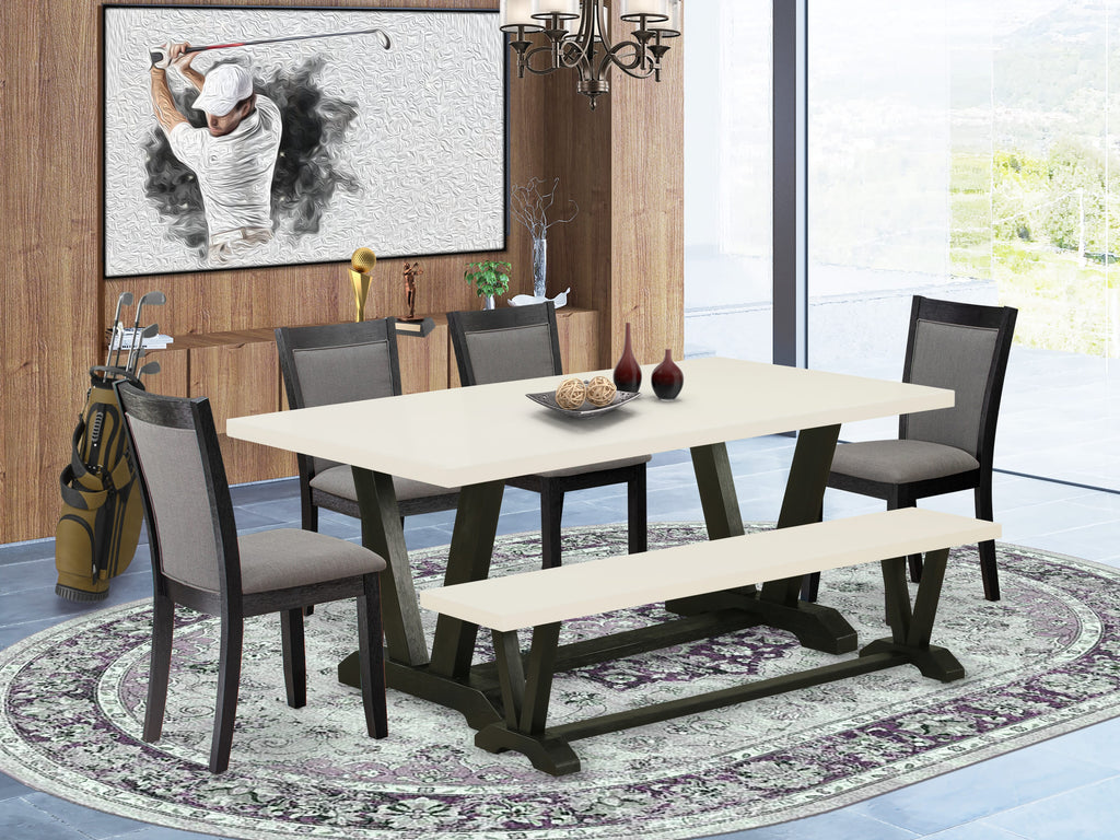 V627M72XF-E 6-Piece Dining Set with Rectangle Wooden Table, Dark Grey Parson Chairs & Bench, Multi-Color