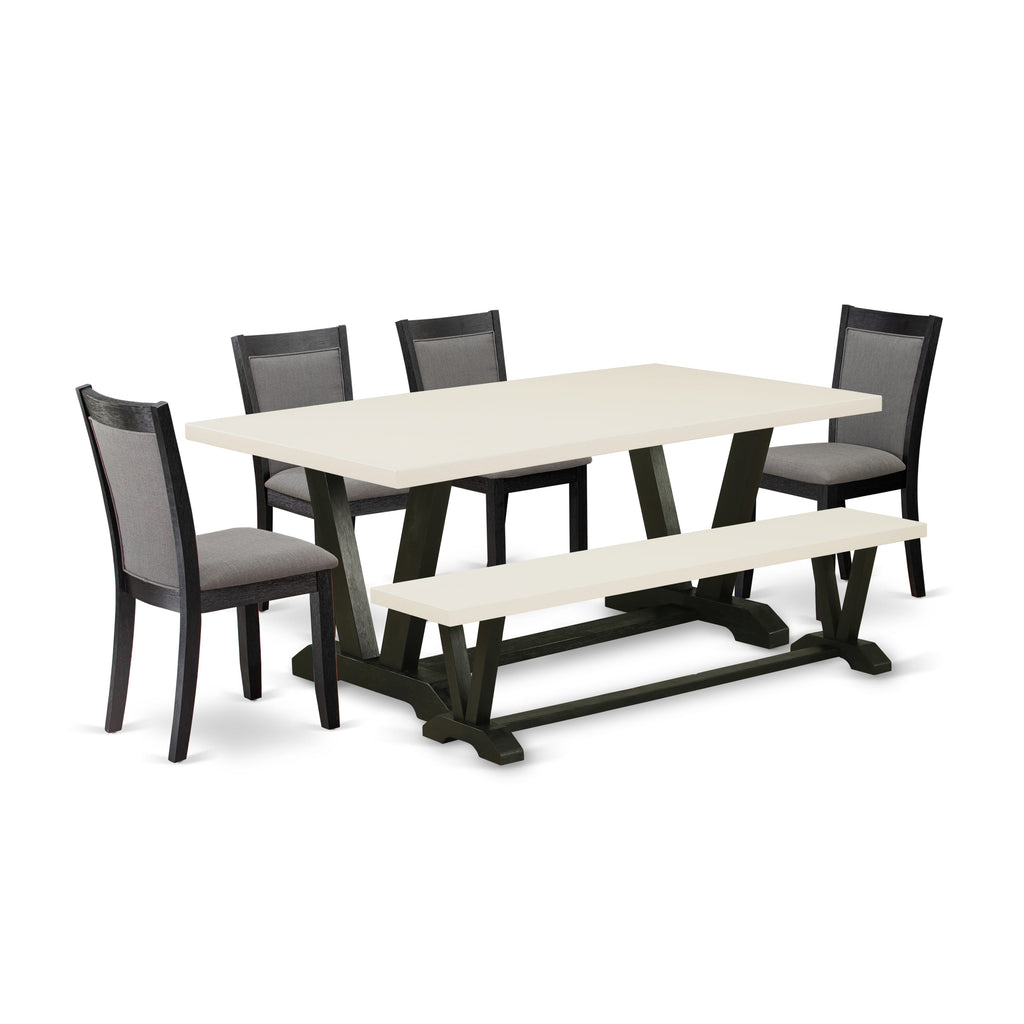 V627M72XF-E 6-Piece Dining Set with Rectangle Wooden Table, Dark Grey Parson Chairs & Bench, Multi-Color