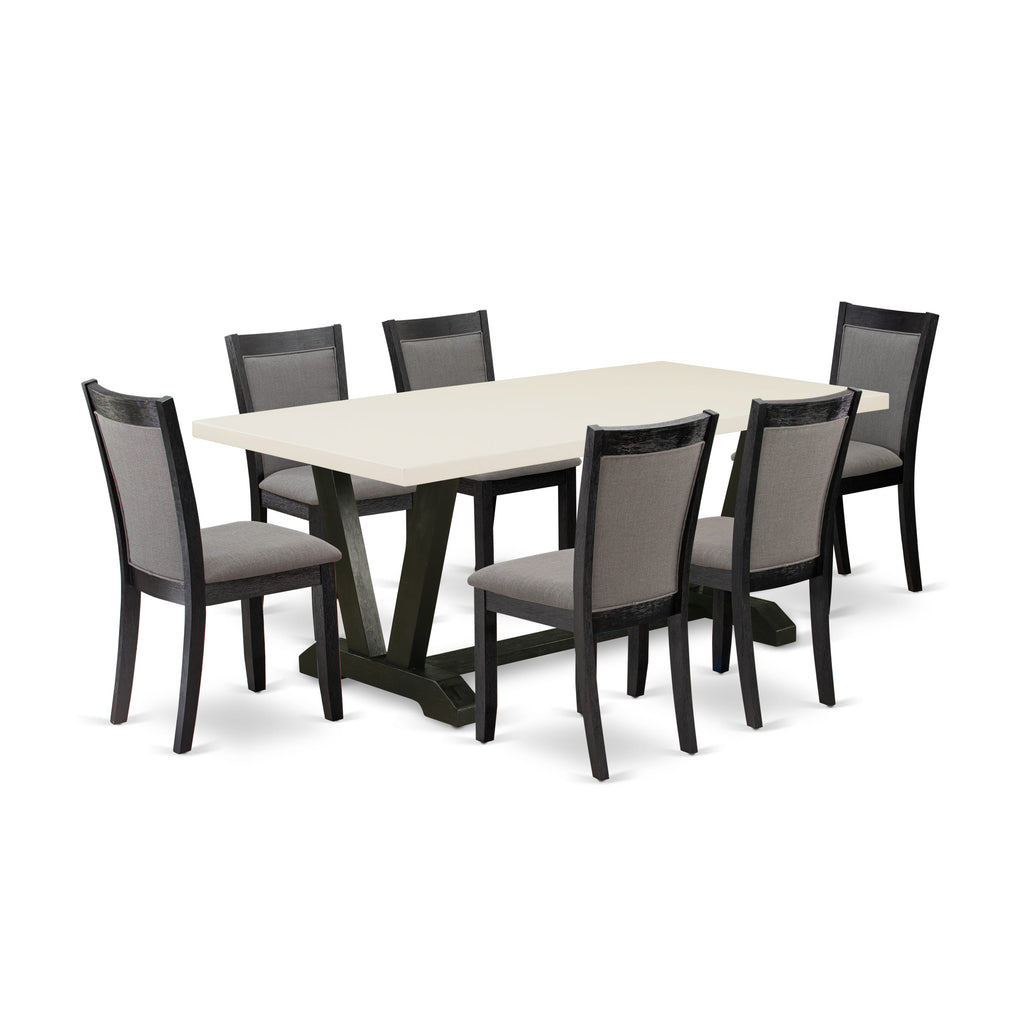 V627M0BSD-L Elegant Dining Ensemble with V-Leg Table & 6 Gotham Grey Parsons, 40x72 Multi-Tones