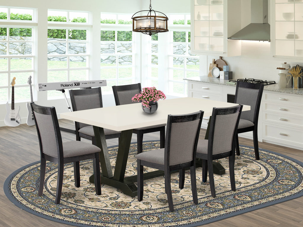 V627M0BSD-L Elegant Dining Ensemble with V-Leg Table & 6 Gotham Grey Parsons, 40x72 Multi-Tones